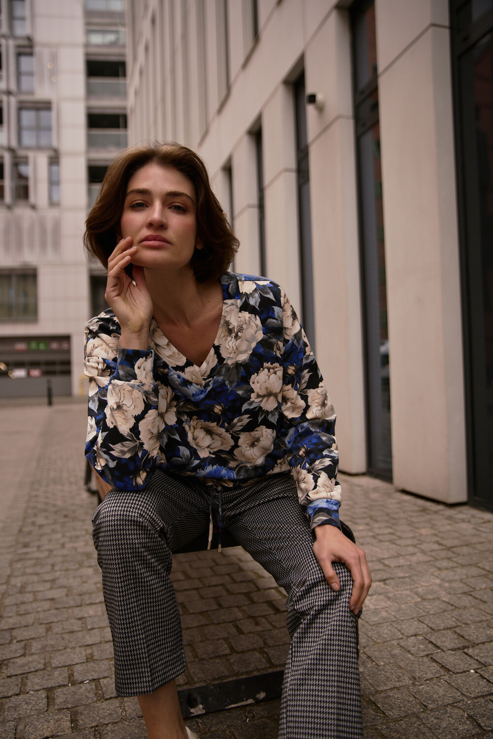 Marisse Black Floral V-Neck Sweatshirt