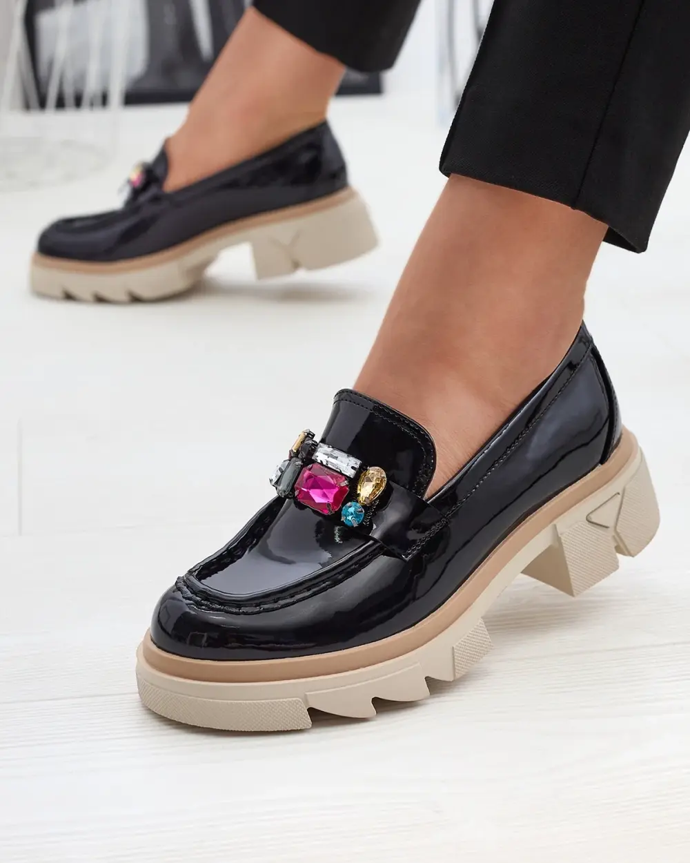 Resti Lacquered black moccasins with colored stones Sarix - Footwear