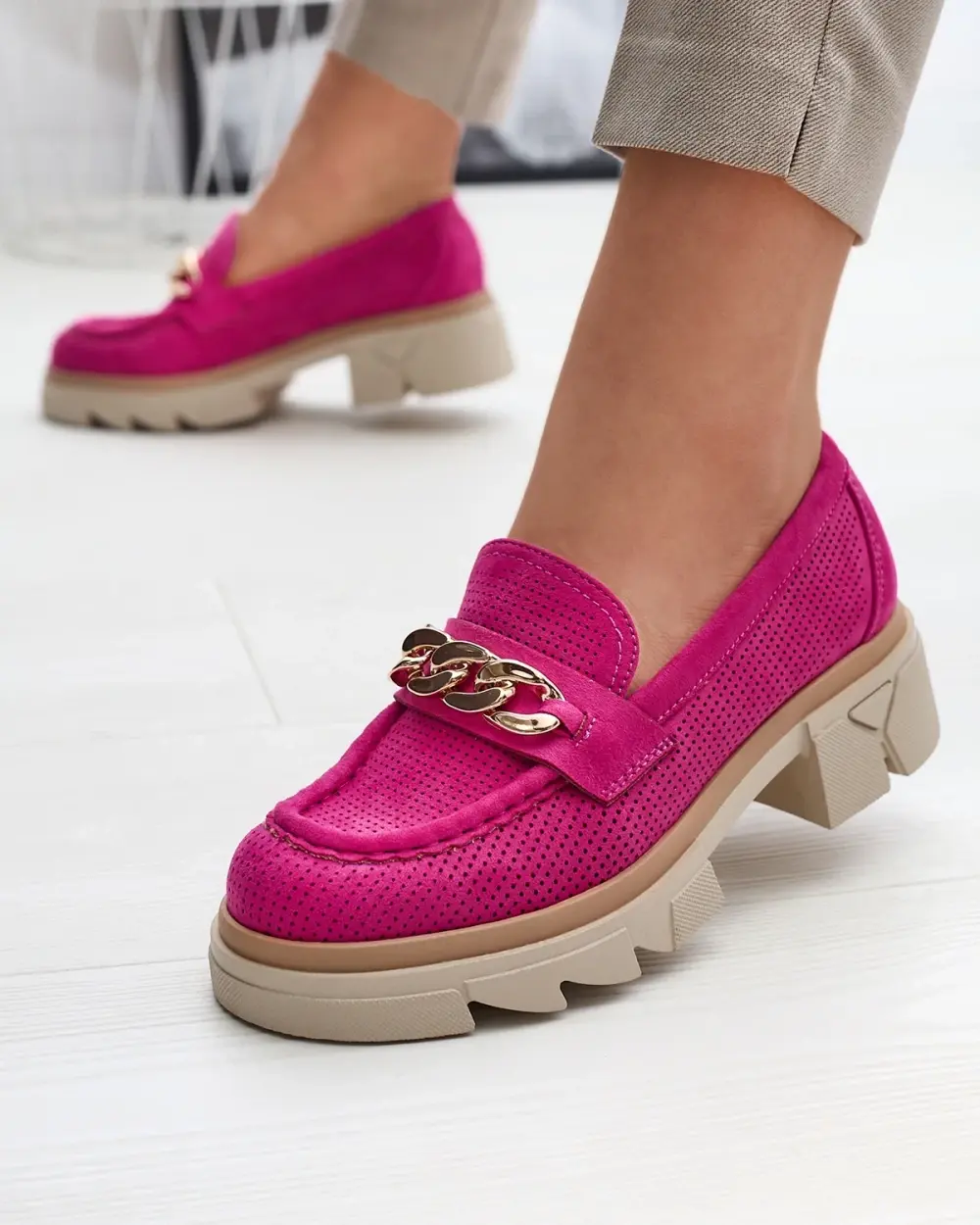 Resti Eco-suede moccasins with gold embellishment in fuchsia Zaffix