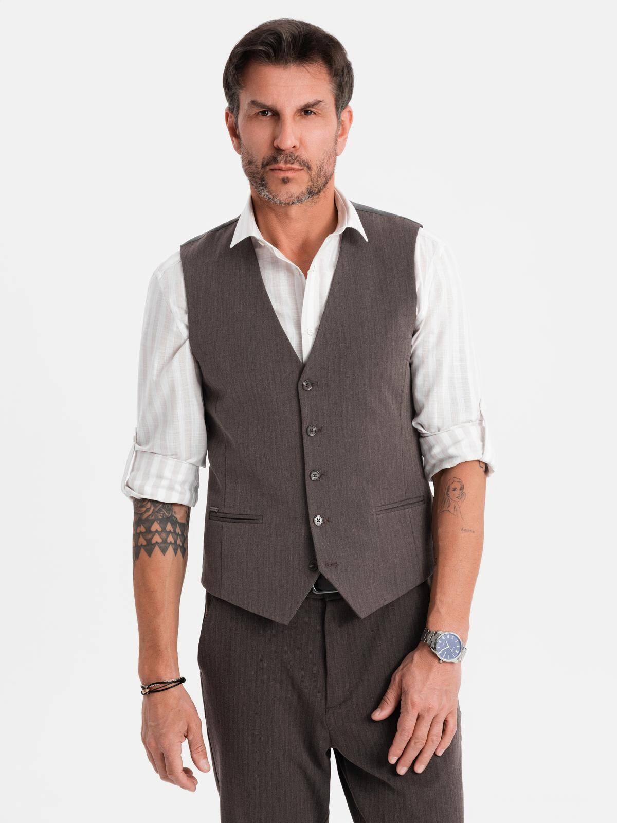 Ombre Men's elegant SLIM FIT herringbone vest - graphite