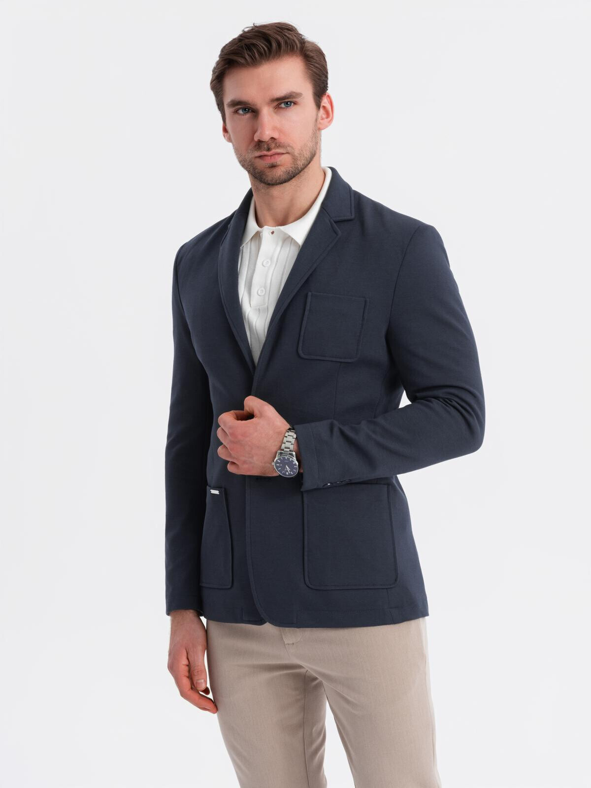 Ombre Men's SLIM knit jacket with subtle texture - navy blue