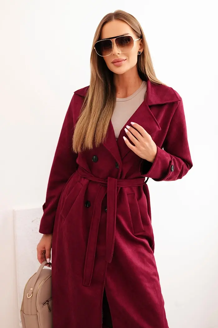 Kesi Włoski Dámský kabát v pase se zavazováním a límcem a knoflíky bordový