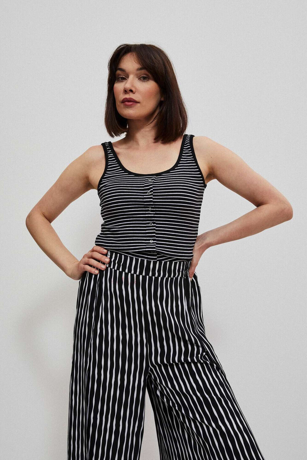 Marisse Black And White Striped Button-Up Top