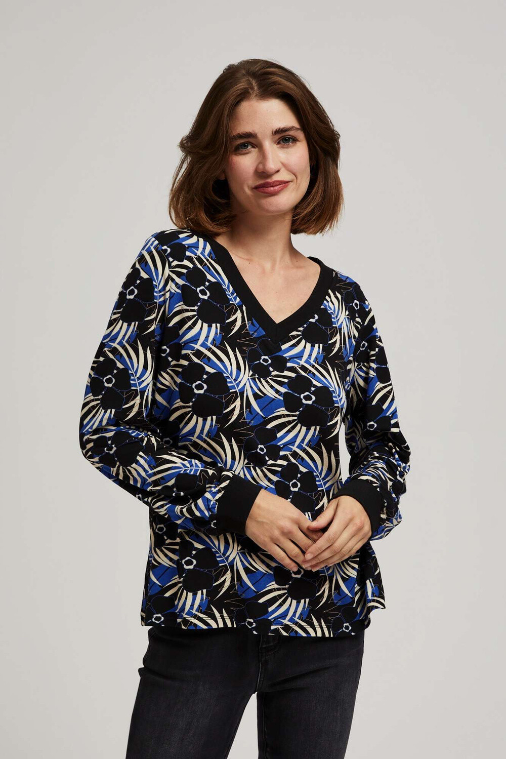 Marisse Patterned V-Neck Blouse, Black