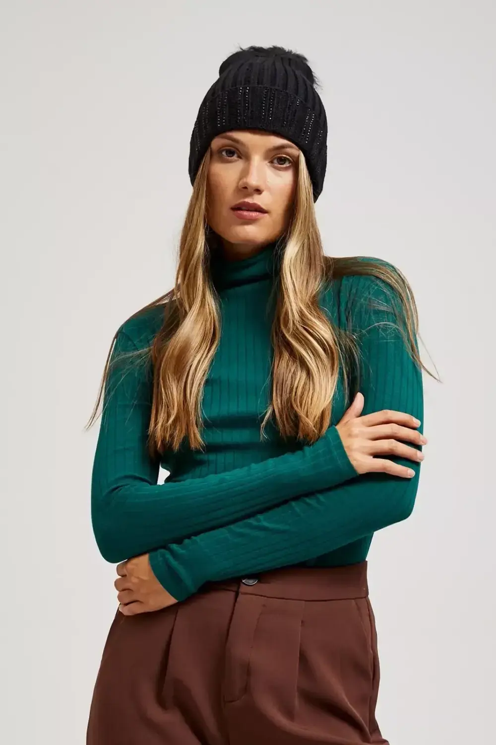 Marisse Black Rhinestone Pompom Hat