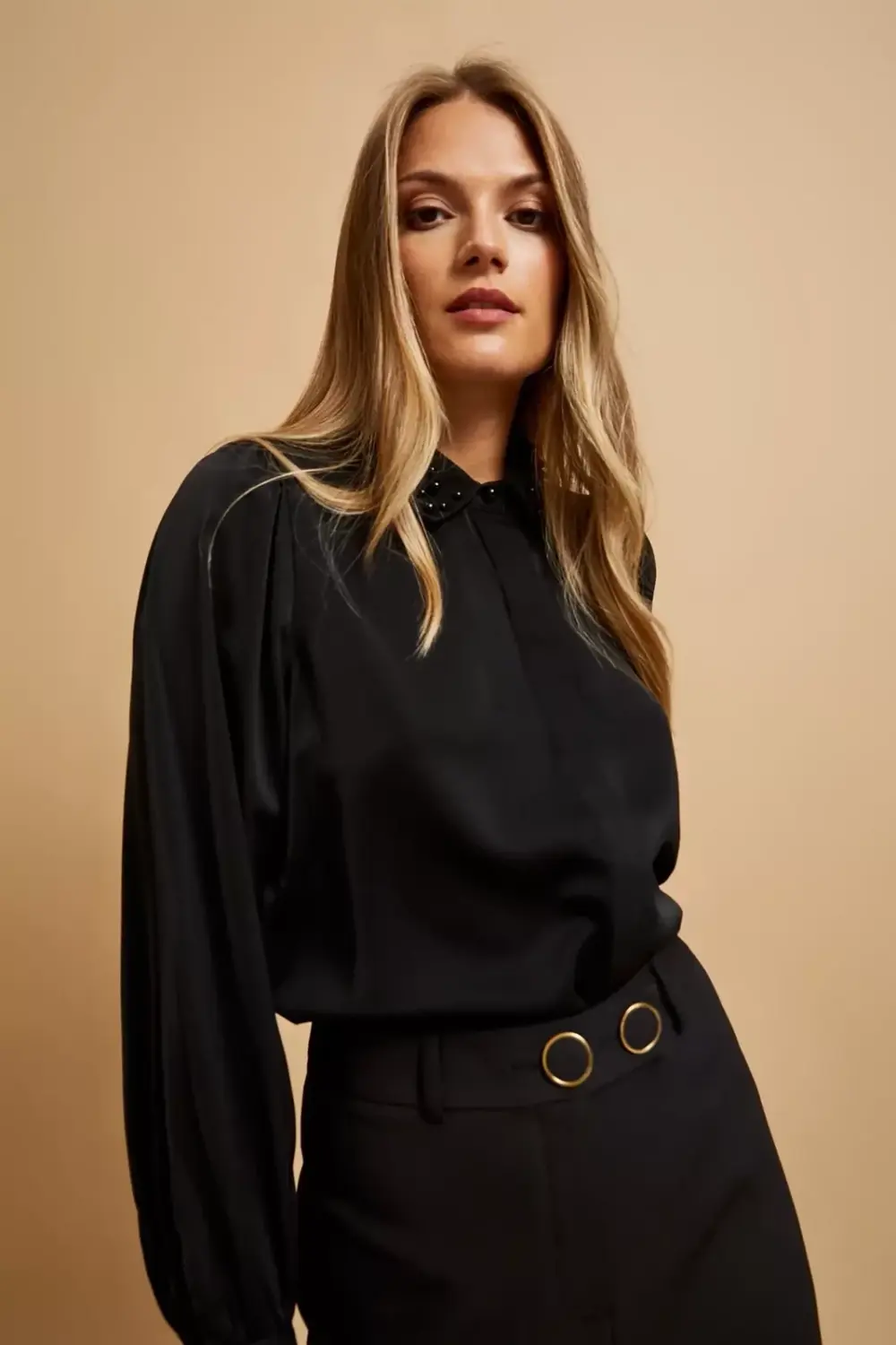 Marisse Black Shirt With Decorative Collar
