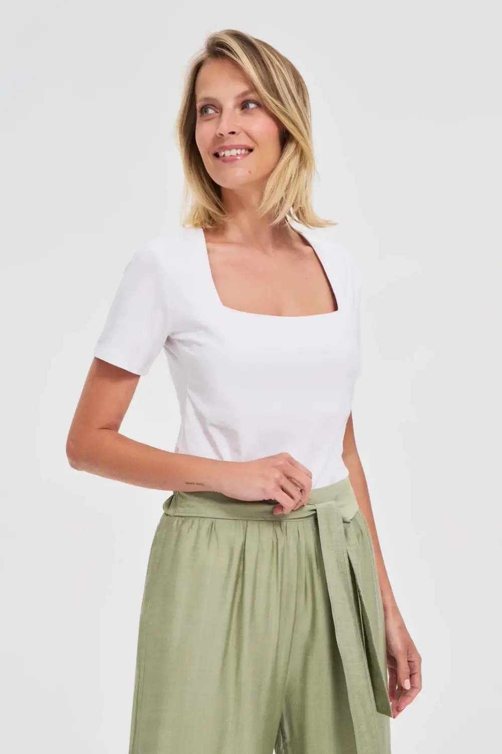 Marisse White Diamond Neckline Blouse