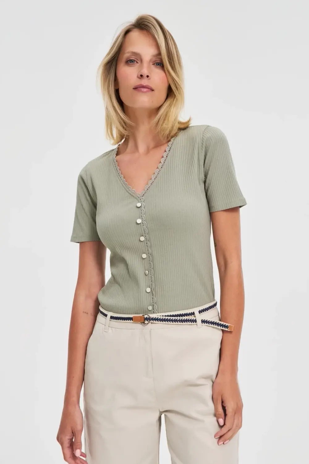 Marisse Olive Blouse With Lace Neckline