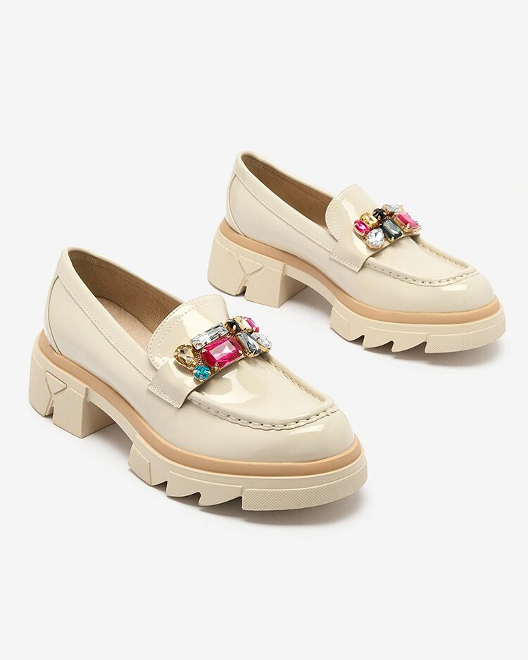 Resti Lacquered cream moccasins with colorful stones Sarin