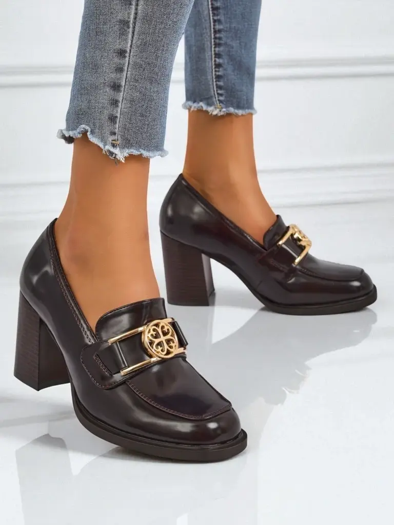 Resti Persephone Nero Women's Block Heel Loafers Eco Leather Gold Buckle