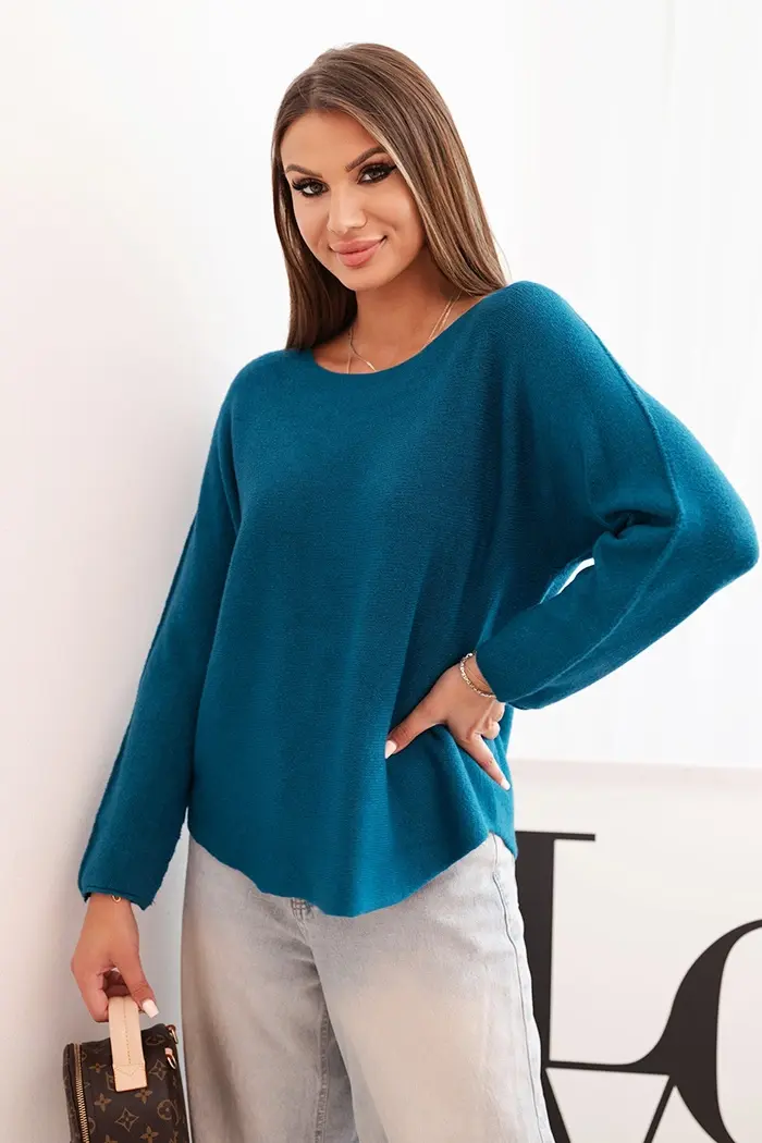 Kesi Włoski Dámský svetr z viskózy s dlouhým rukávem a kulatým výstřihem mořský