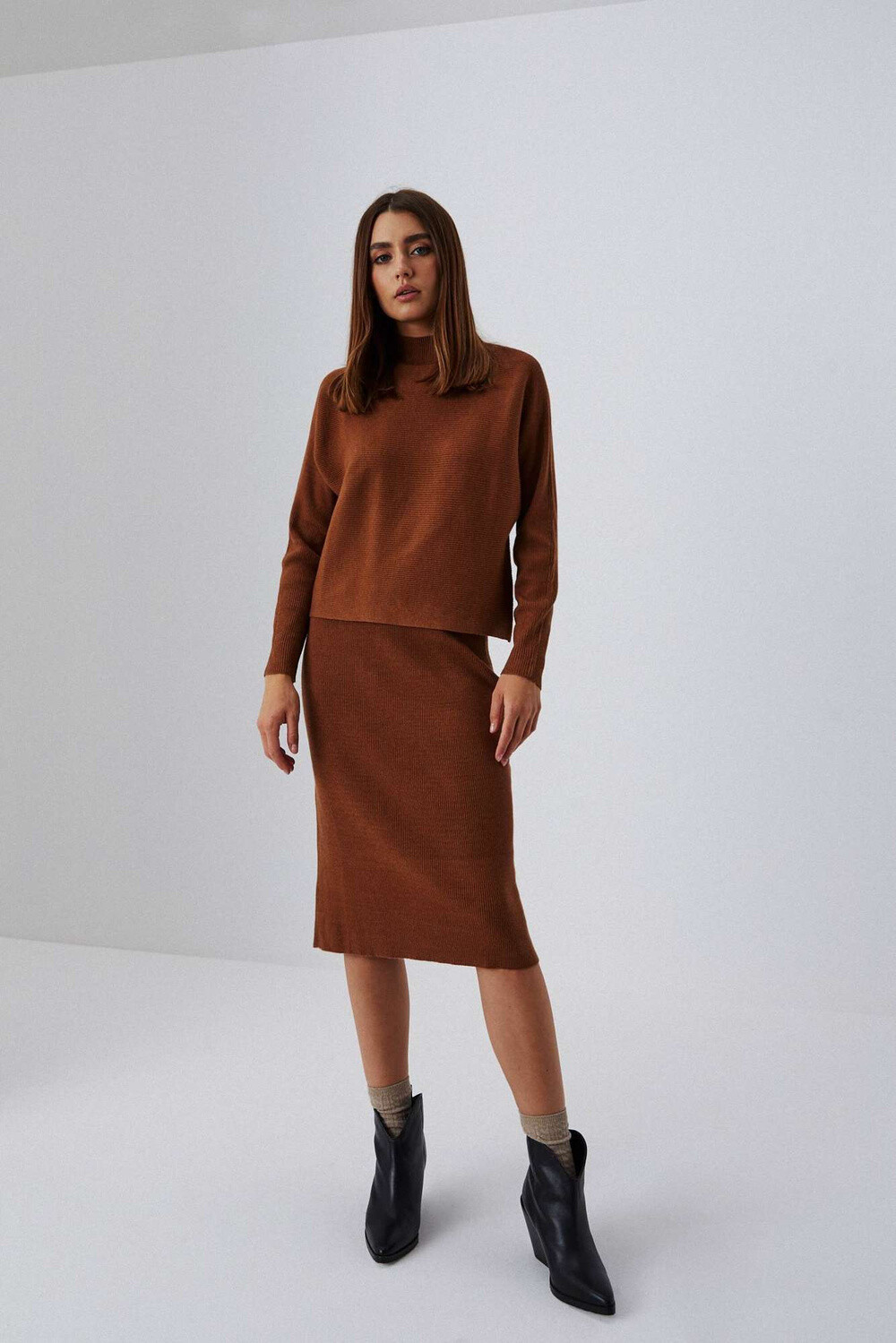 Marisse Ribbed Knit Midi Skirt Z-Sc-3608 Caramel
