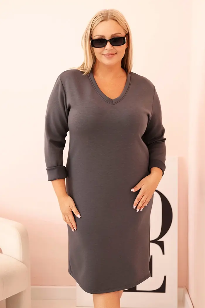 Kesi Włoski Dámská plus size suknička máslová s výstřihem do V a rukávem grafitová