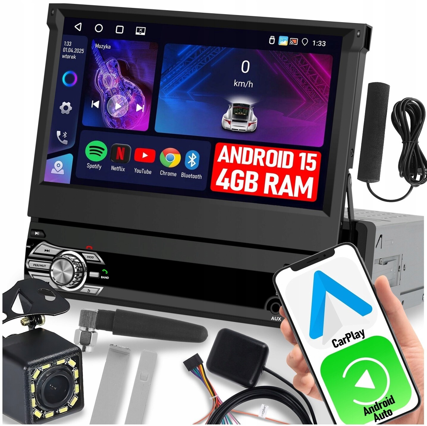 Autorádio 1DIN 7'' Carplay Android Wifi Rds Výsuvný 4G Lte Displej