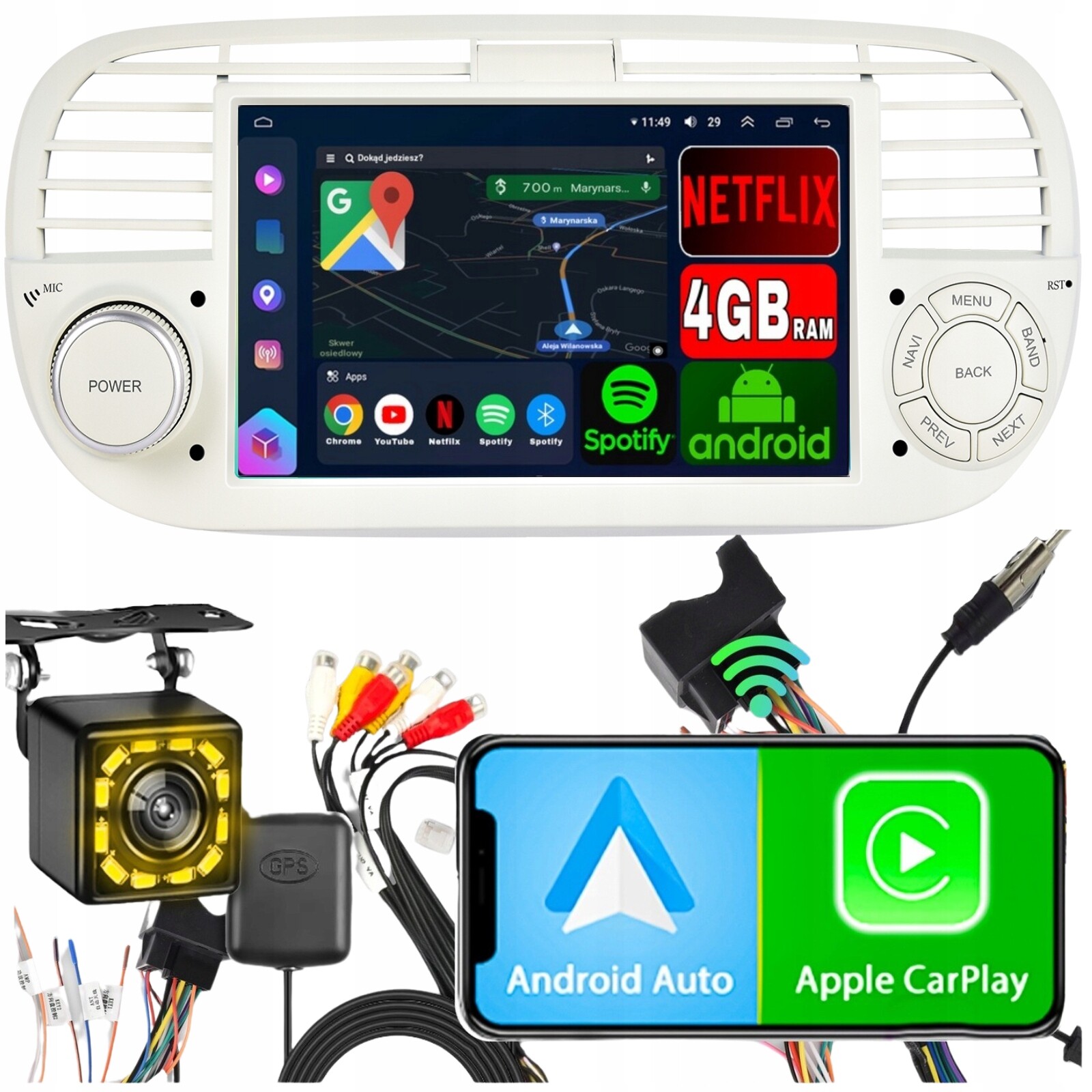Autorádio pro Fiat 500 2007-2015 WiFi CarPlay Android Gps Fm 4GB Ram