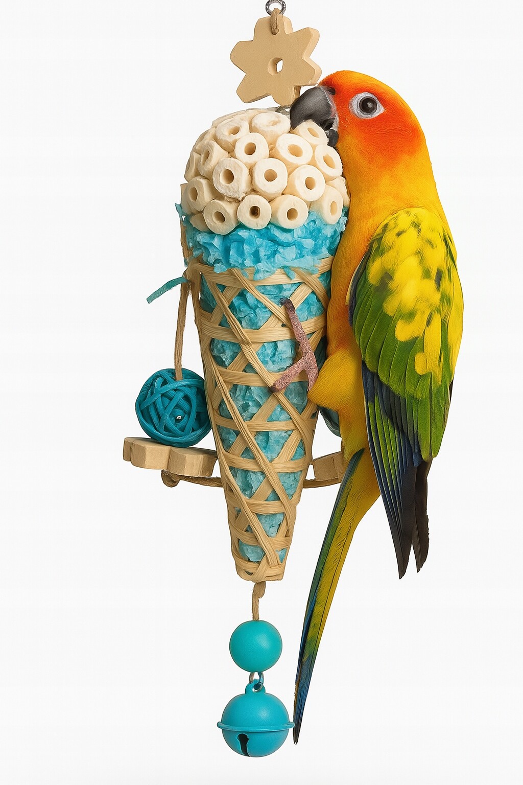 Zavinovačka pro papoušky Hračka se zvonečkem, květinkami a míčky Parrot Pla