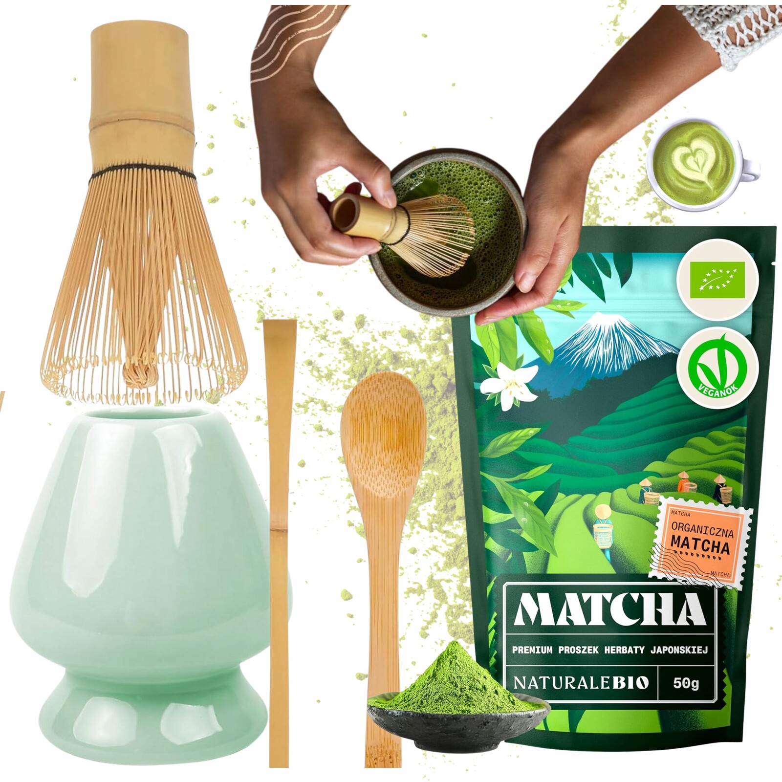 Čaj obřadní čaj Matcha 50 g sada bambusových metliček 5 v 1