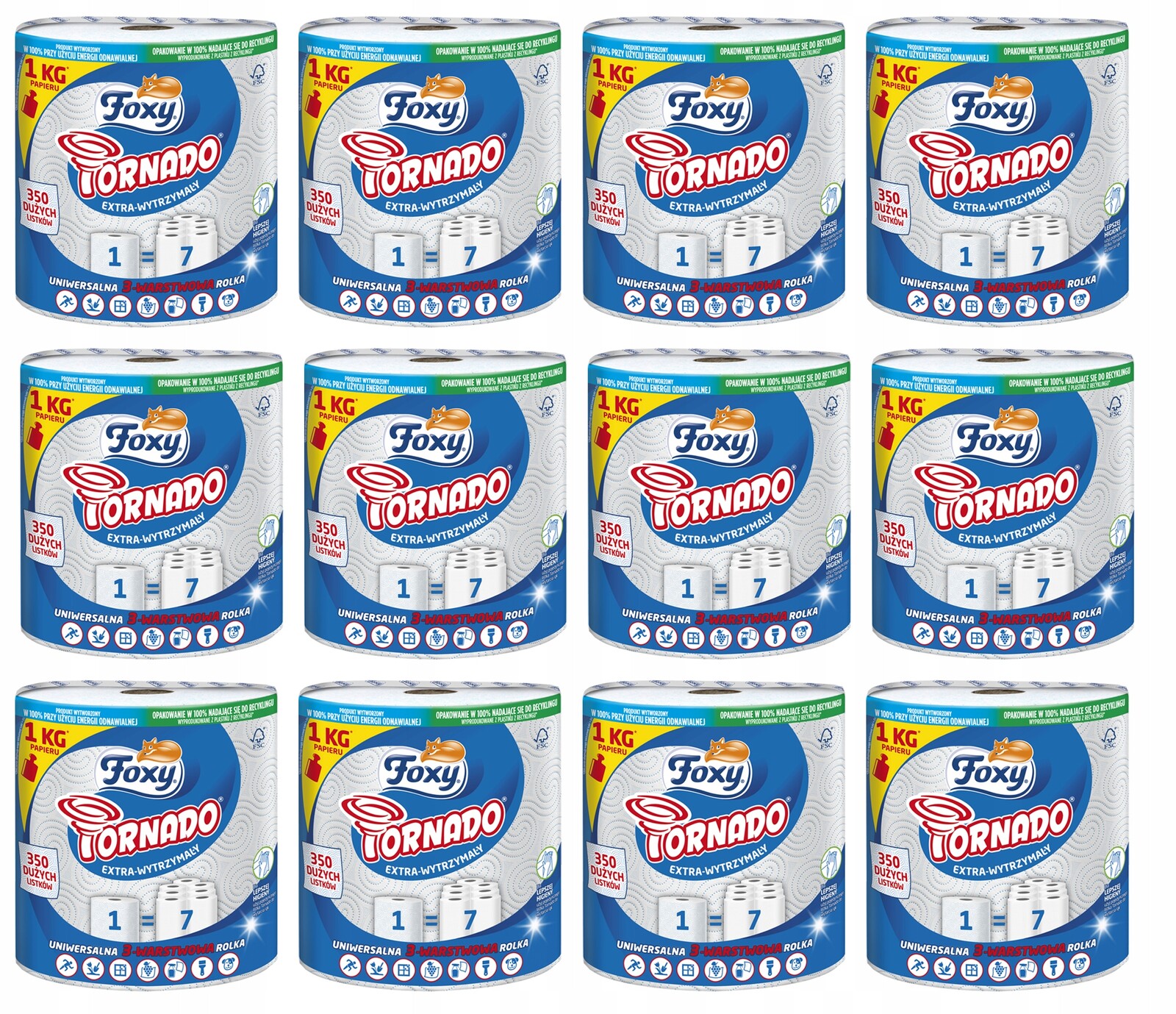Papírový ručník 350 listů Foxy Tornado Dlouhý 3-vrstvový 12 rolí