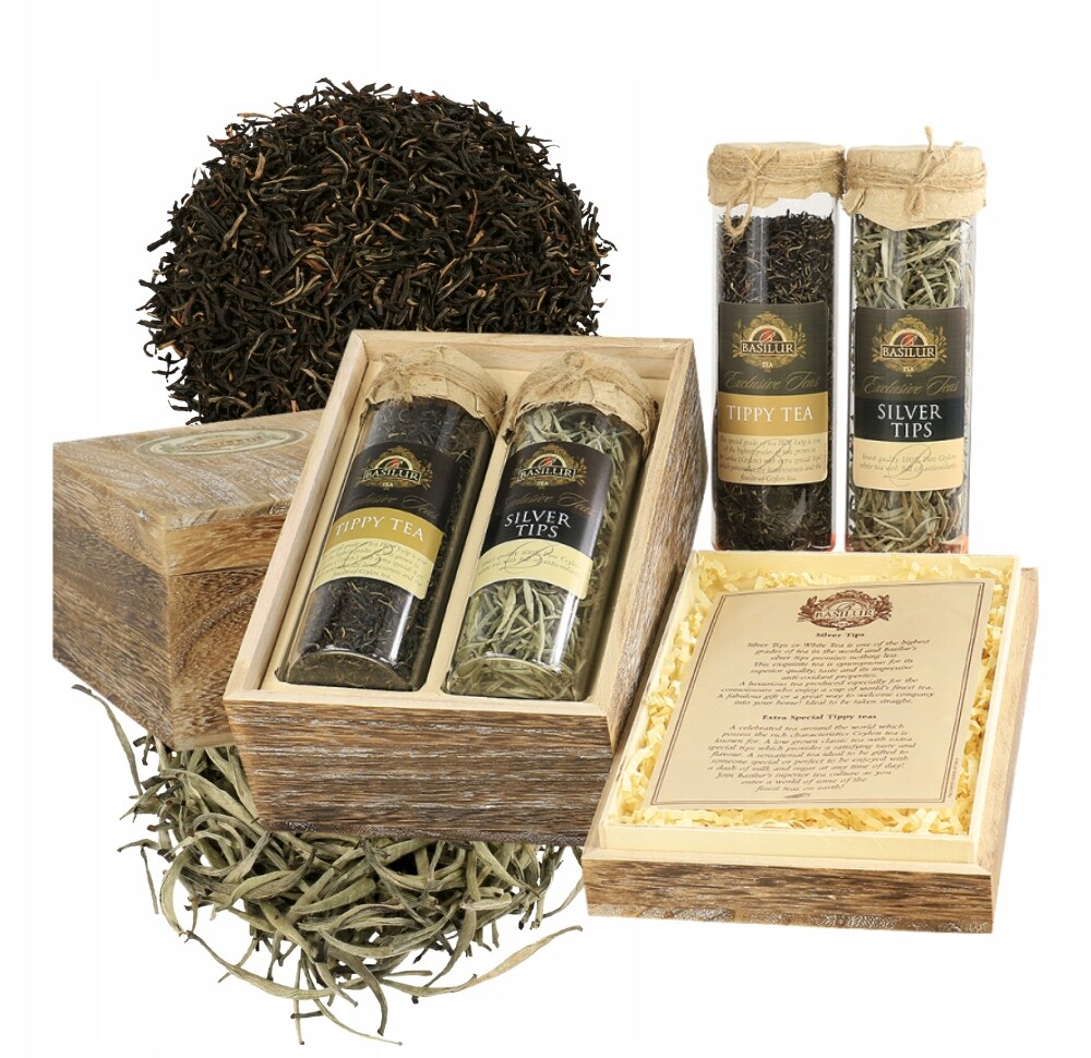 Basilur Silver Tips & Tippy – 2 Skleněné Tuby s černým a bílým čajem 100 g