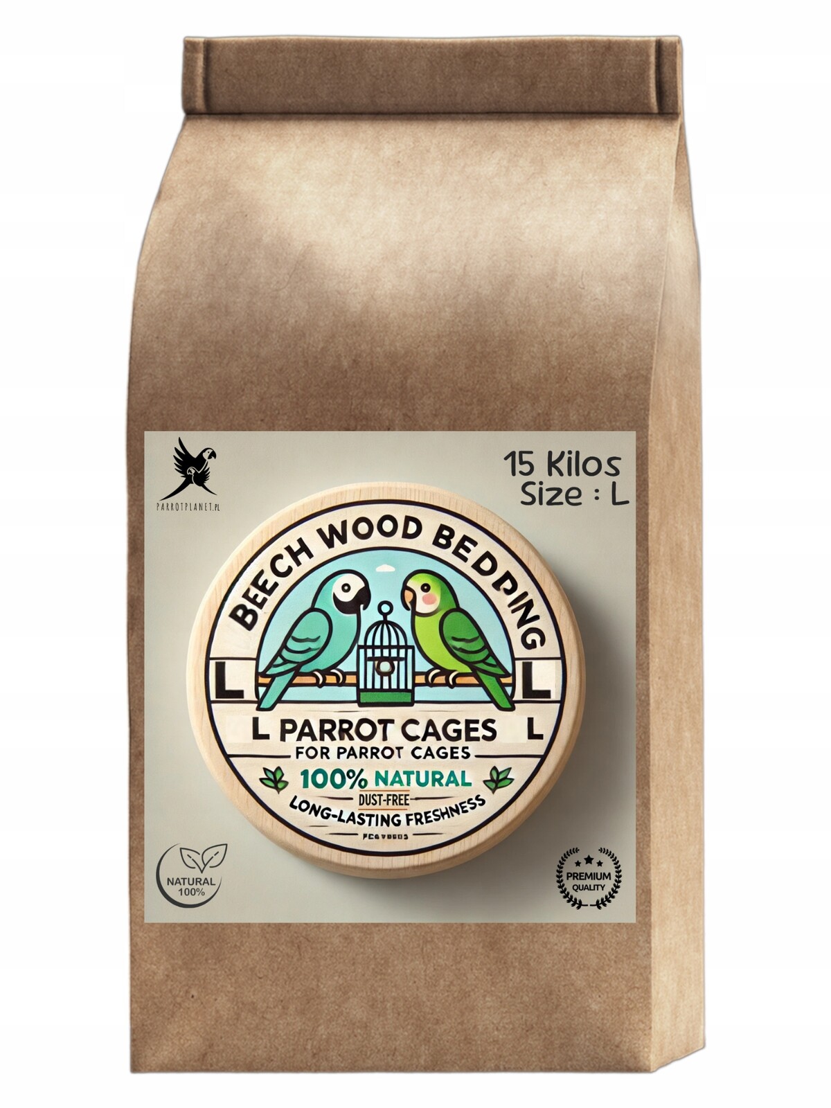 Bukové štěpky pro papoušky, Velikost L přírodní substrát pro klece 15 kg