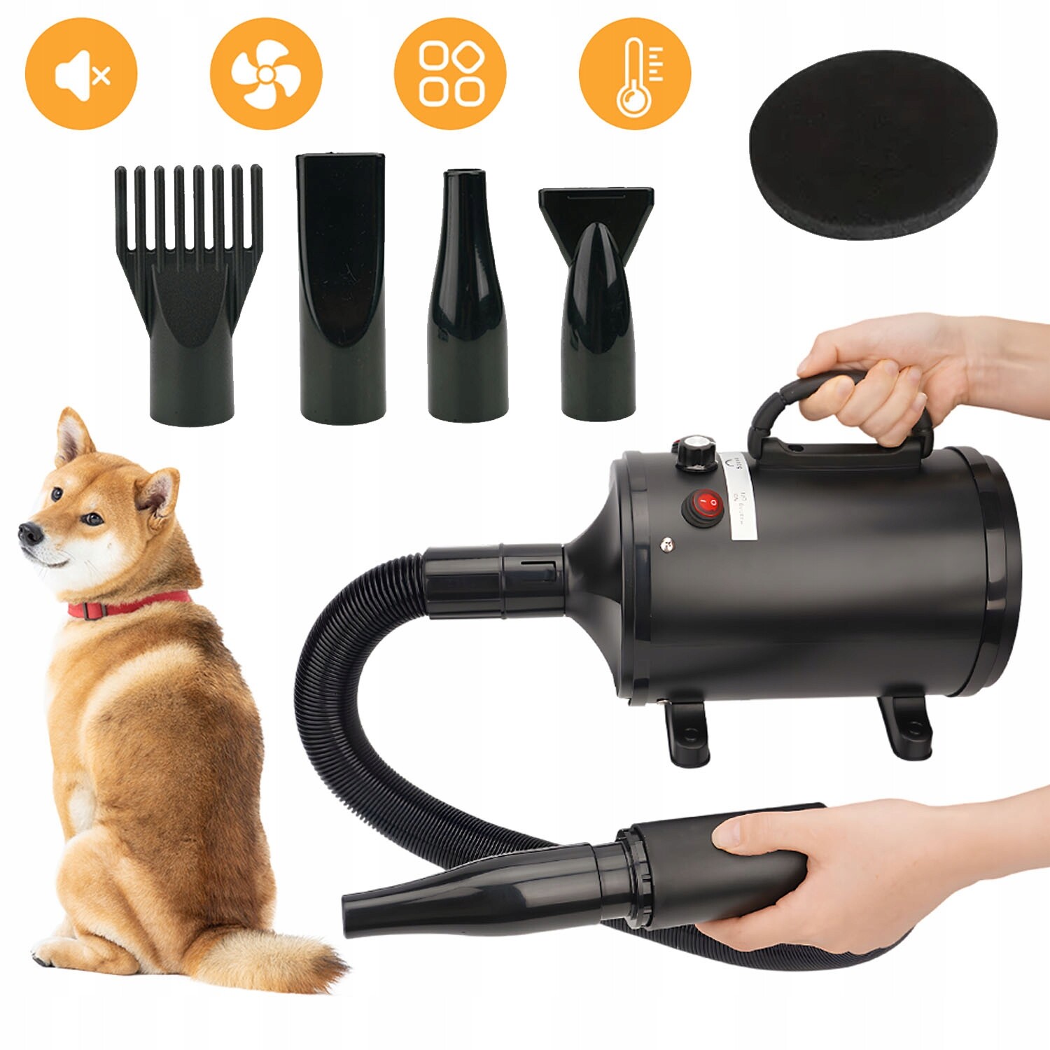 Tichý sušák pro zvířata 65°C Silný motor Kovová konstrukce 4 trysky