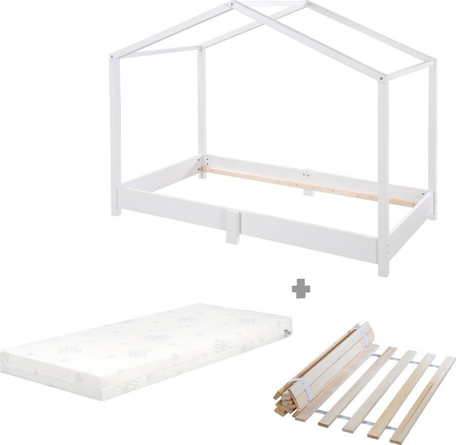 Bílá domečková dětská postel z masivního dřeva s matrací/s roštem 70x140 cm – Roba