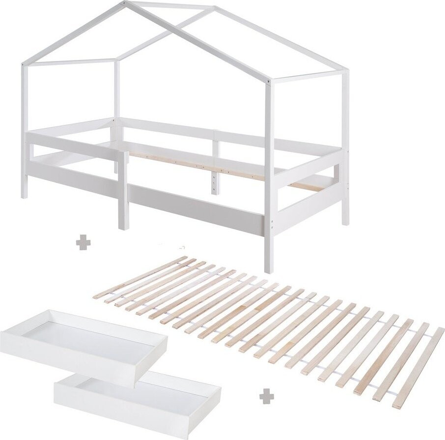 Bílá domečková dětská postel z masivního dřeva s úložným prostorem s roštem 90x200 cm – Roba