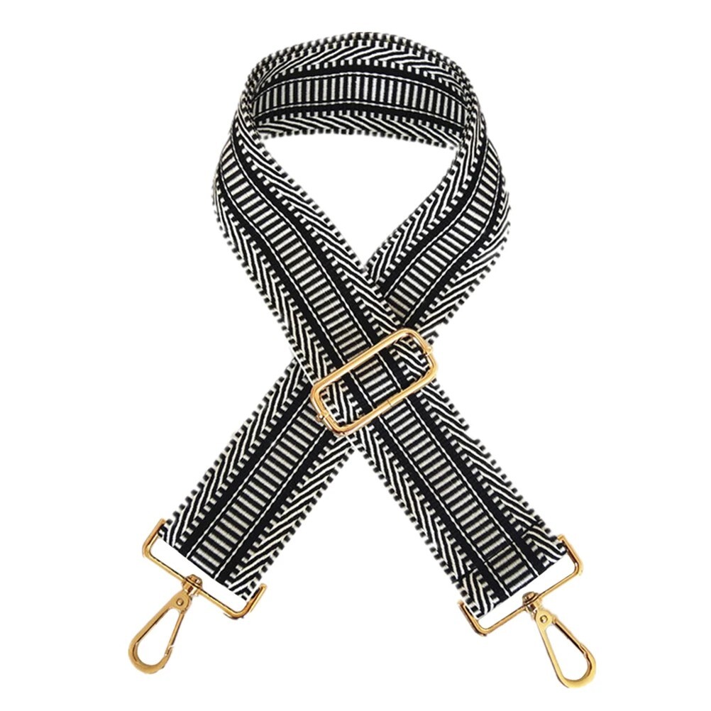 Vyměnitelný popruh ke kabelce - Černo bílé pruhy, zlatá spona