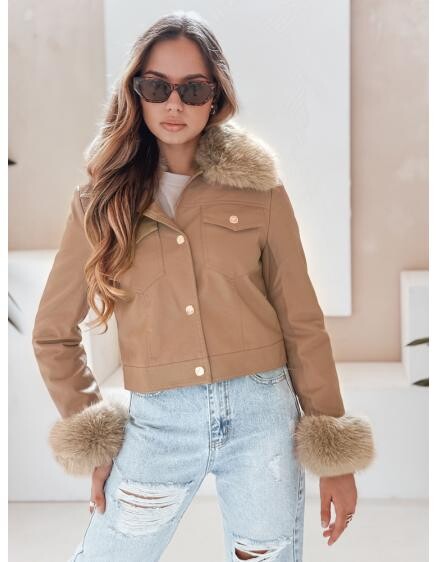 Dámská koženková bunda s kožešinou kamelová