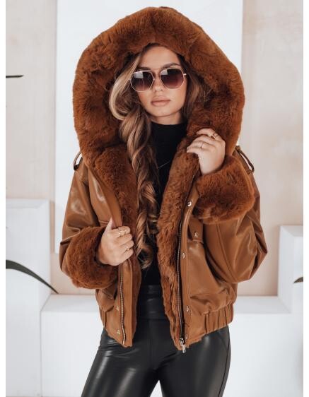 Dámská koženková bunda s kožešinou hnědá