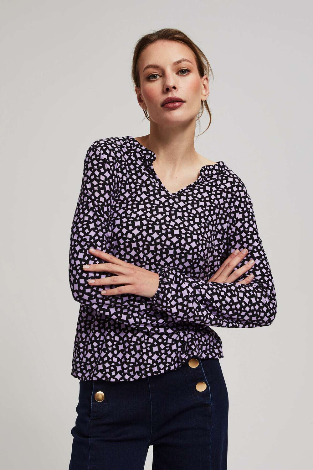 Marisse Patterned V-Neck Blouse In Lavender