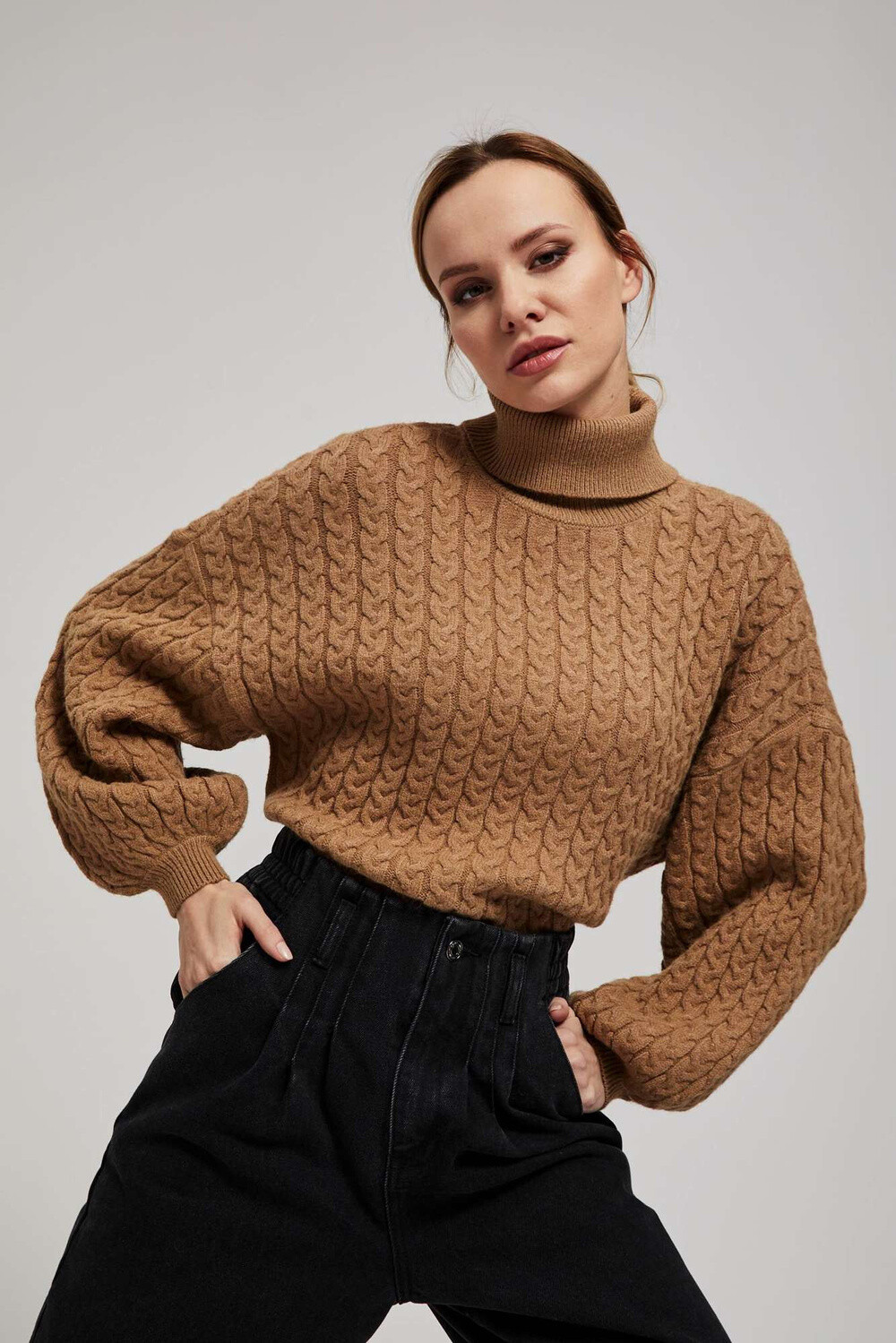 Marisse Dark Beige Turtleneck Sweater With Puffed Sleeves
