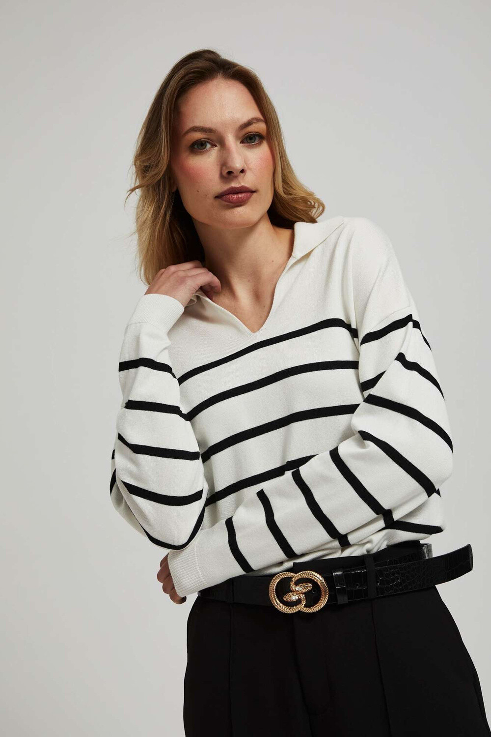 Marisse Pearl Black Striped Collar Sweater