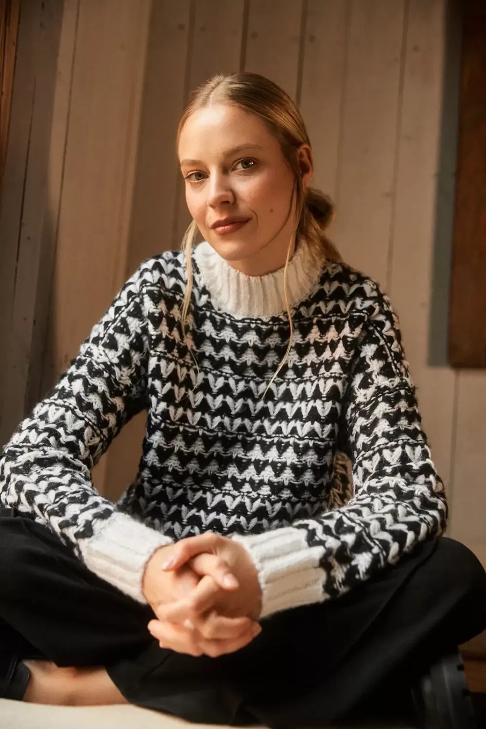Marisse Black And White Turtleneck Sweater