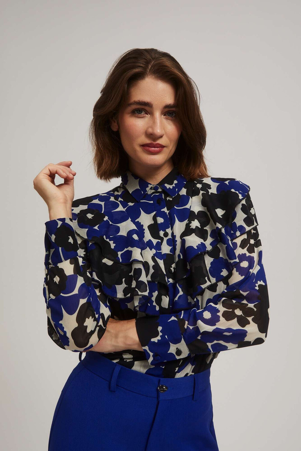 Marisse Blue Floral Ruffle Shirt