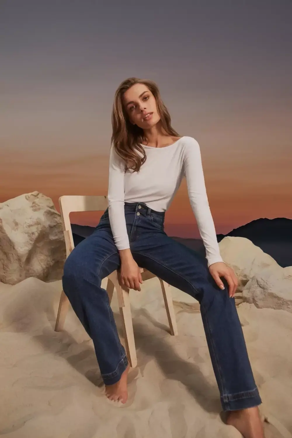 Marisse Wide Leg Jeans With Double Buttons, Navy Blue