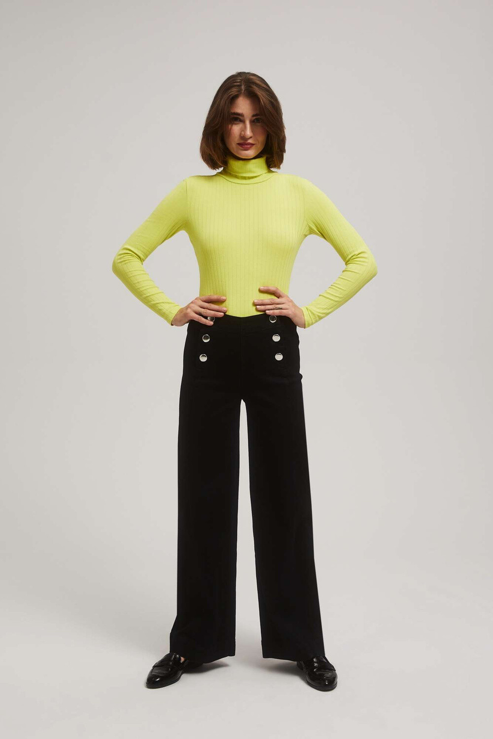 Marisse Wide Leg Jeans With Decorative Buttons, Black