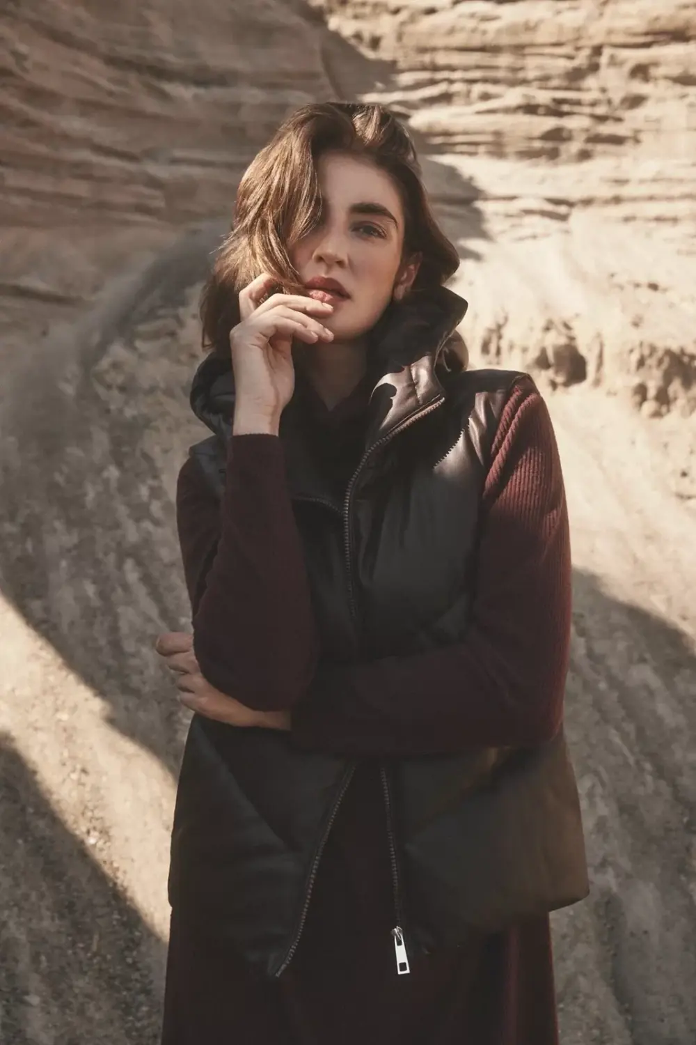 Marisse Brown Quilted Hooded Vest