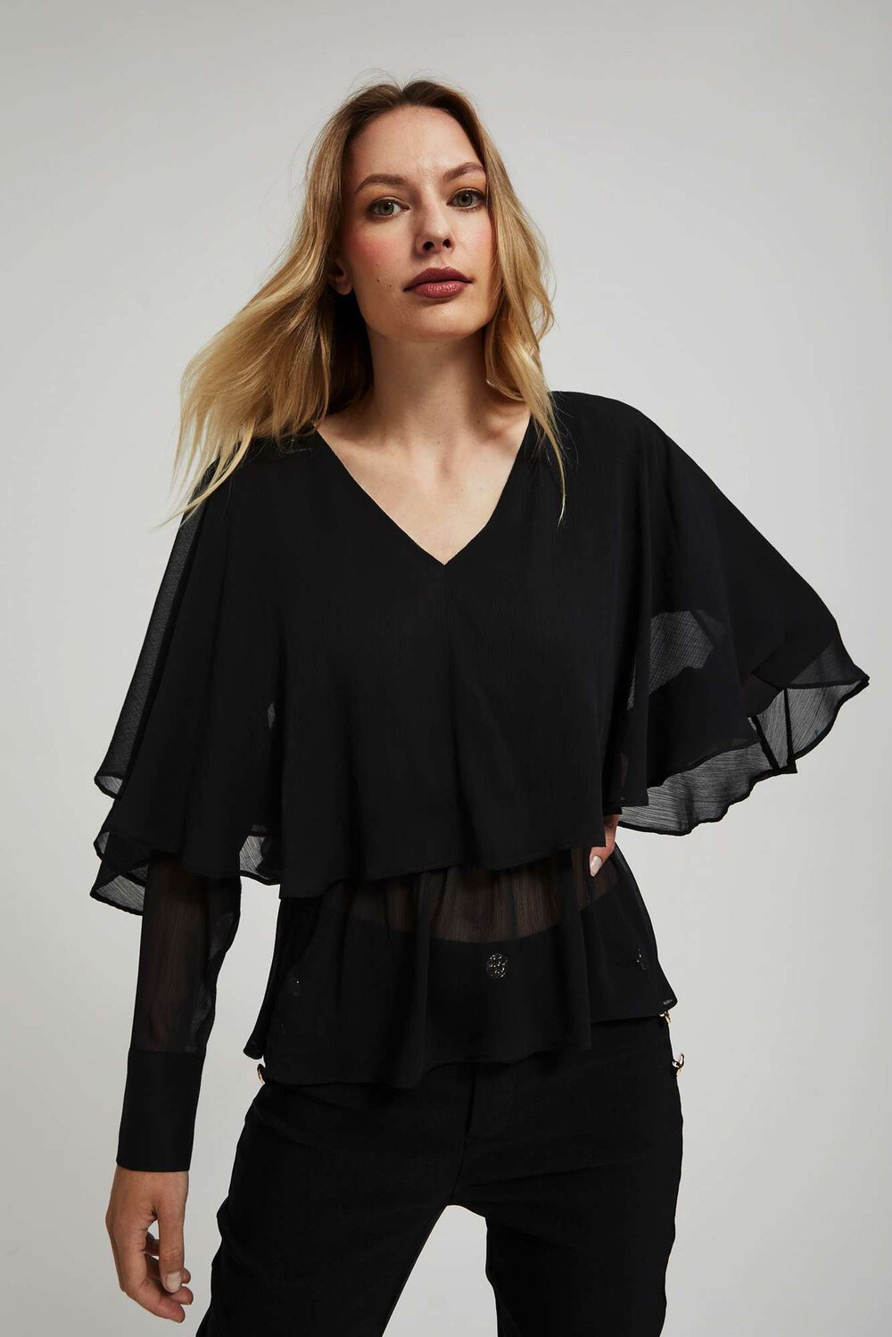 Marisse Black Ruffled V-Neck Shirt