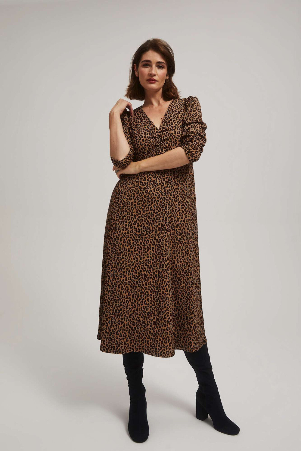 Marisse Brown Leopard Print Midi Dress