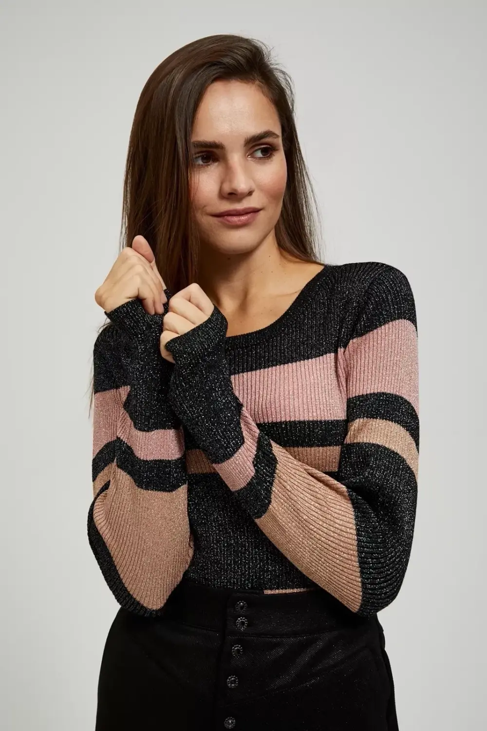 Marisse Black Striped Sweater With Metallic Thread And Round Neckline