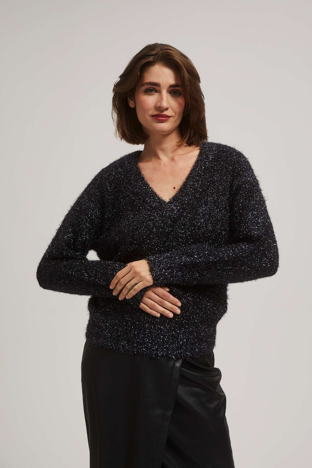 Marisse V-Neck Sweater With Metallic Thread