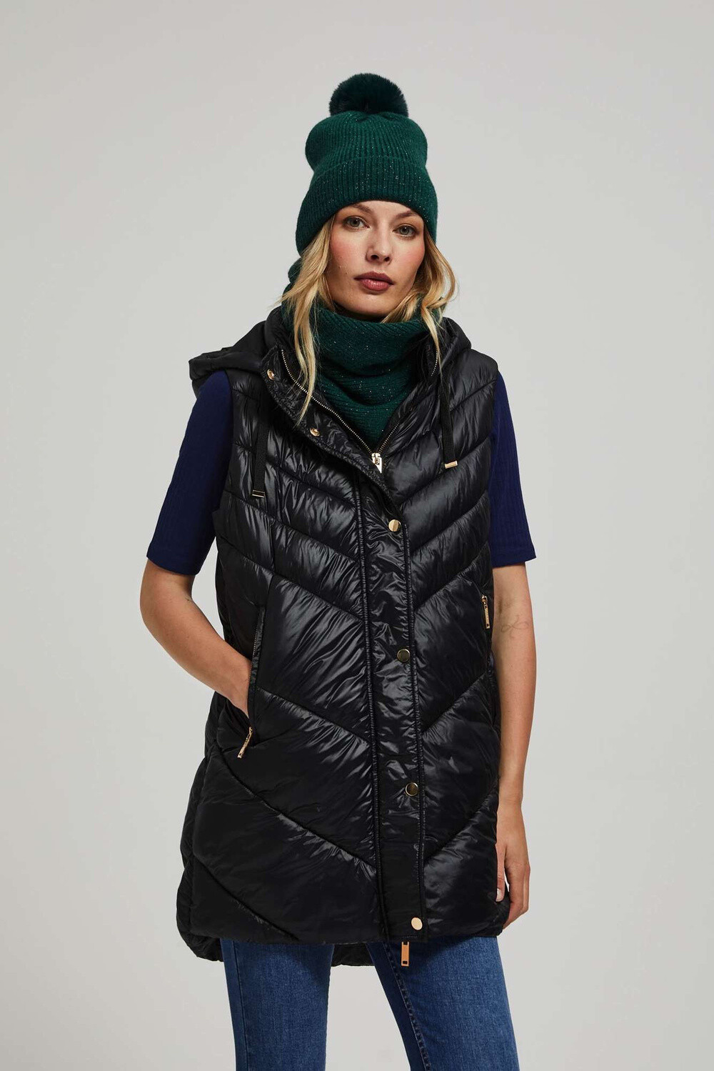Marisse Quilted Vest With Hood And Zipper, Black