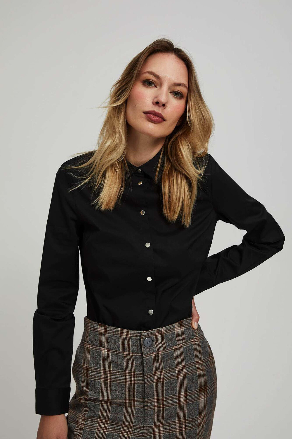 Marisse Plain Black Shirt With Decorative Buttons