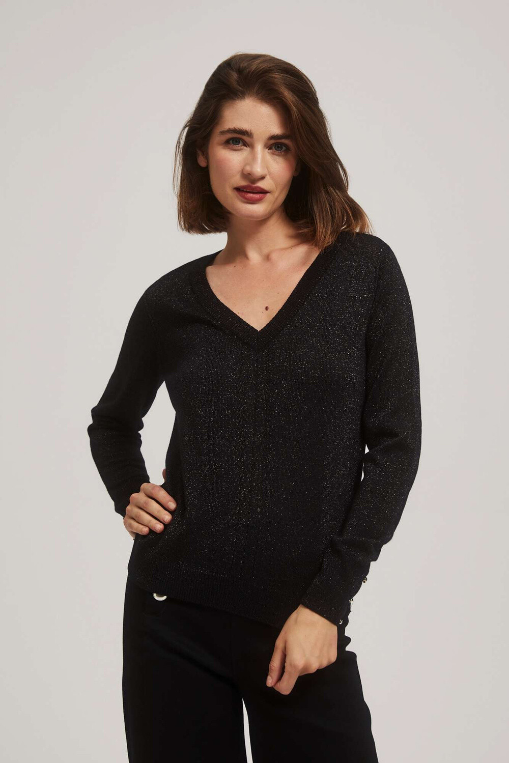 Marisse Black Metallic Thread V-Neck Sweater