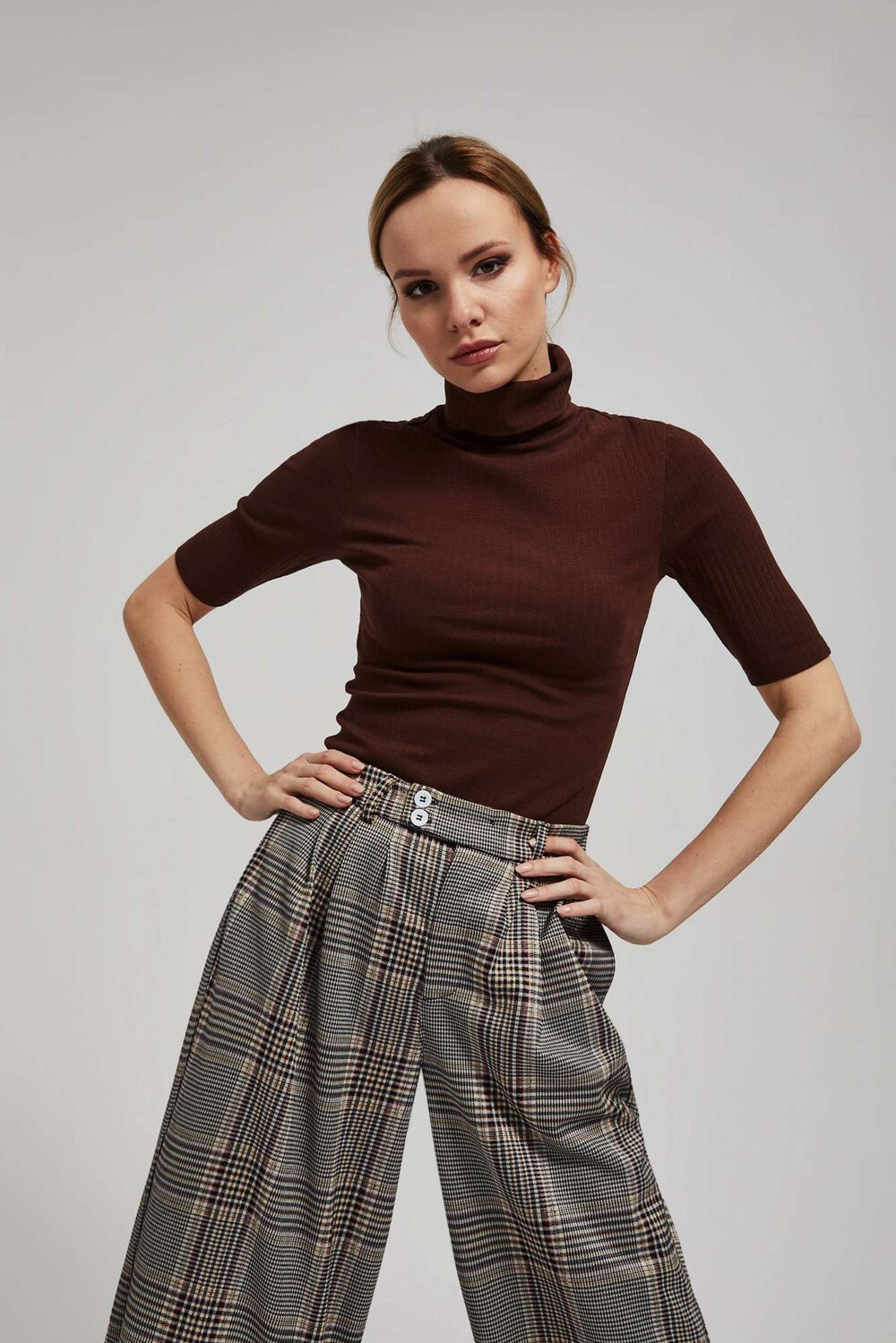 Marisse Brown Ribbed Turtleneck Blouse