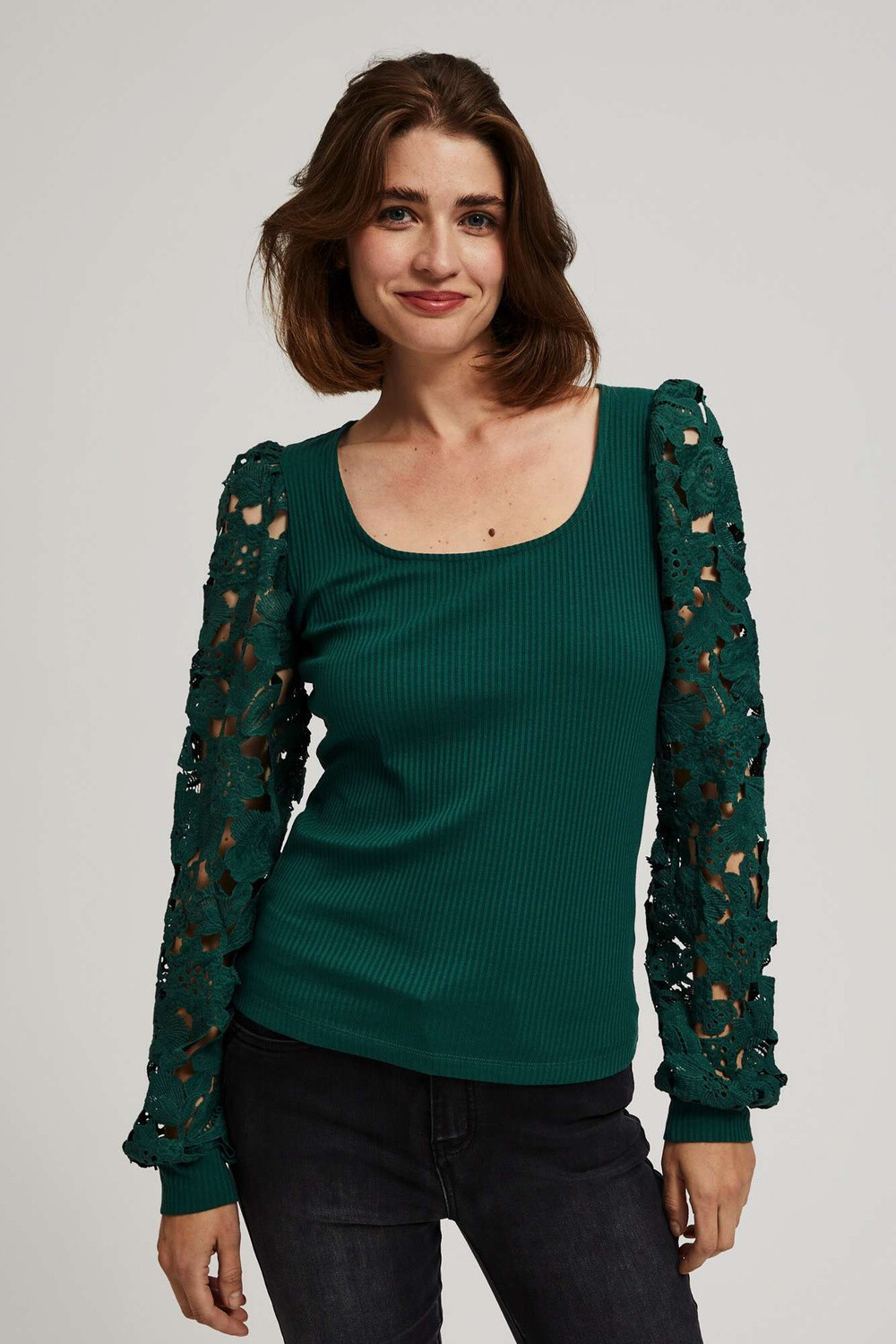 Marisse Emerald Blouse With Lace Sleeves