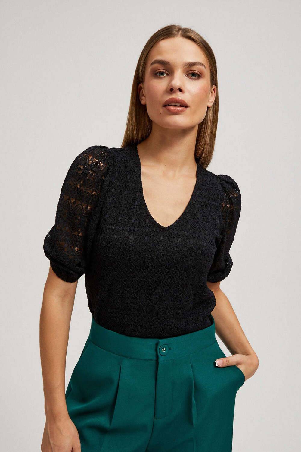 Marisse Lace Blouse With Puffed Sleeves, Black