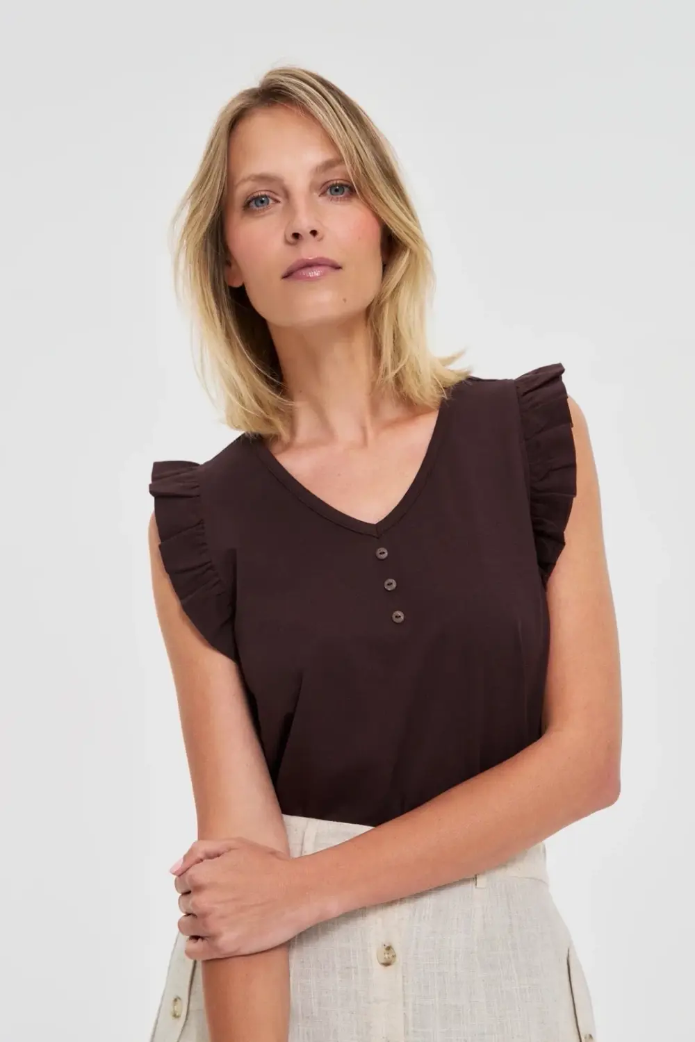 Marisse Brown Blouse With Ruffles On The Shoulders