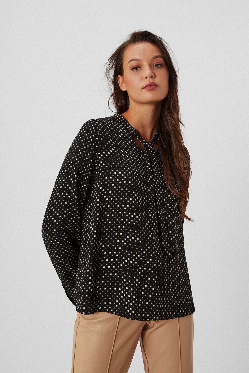 Marisse Patterned Shirt With Decorative Neckline Z-Ko-3629 Black